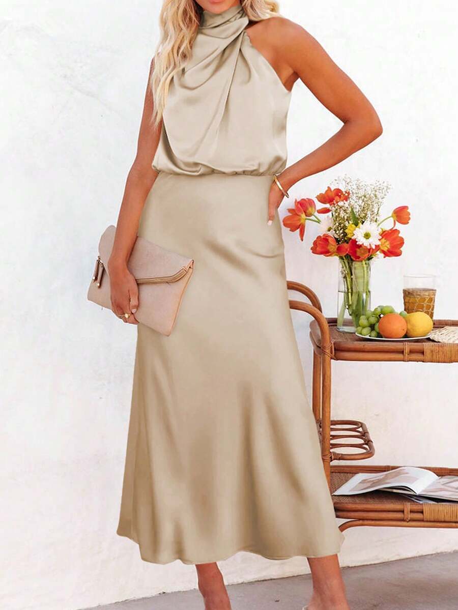 Women's Satin Cowl Neck Halter Midi Dress, Lined Silky Dress for Wedding Guest and Evening - Black