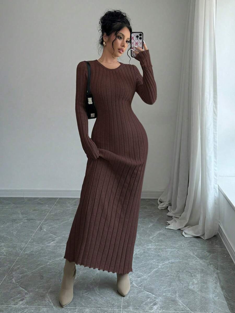 Gdansk Ribbed Knit Crew Neck Bodycon Maxi Sweater Dress - Coffee Brown