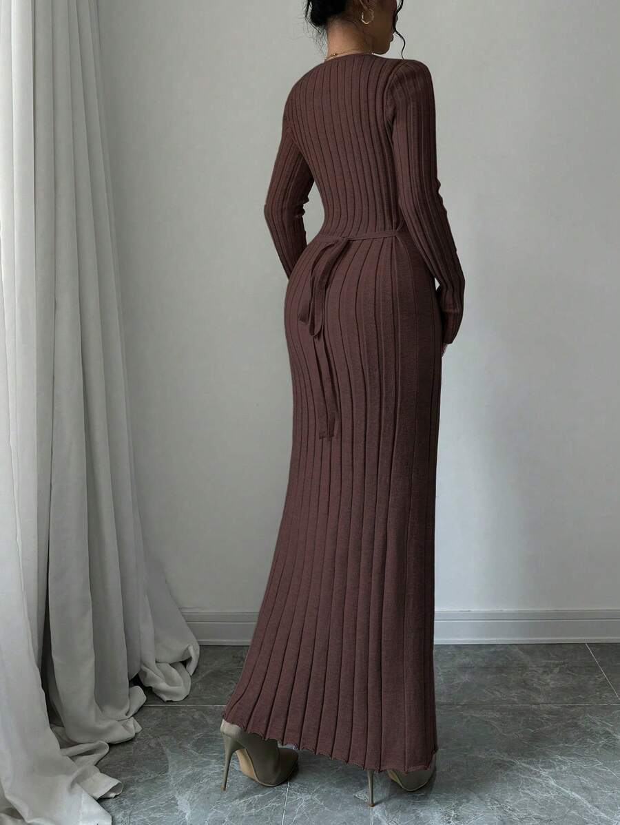 Gdansk Ribbed Knit Crew Neck Bodycon Maxi Sweater Dress