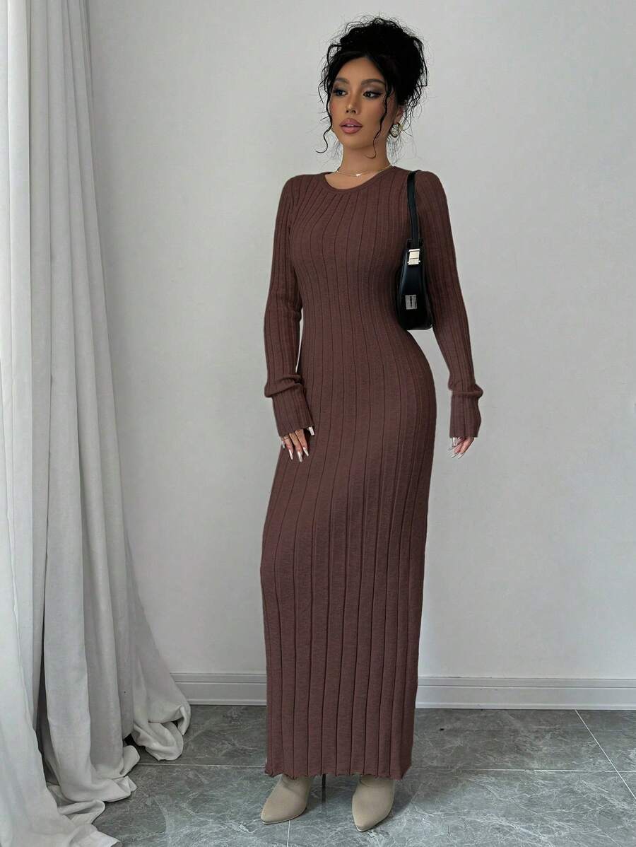 Gdansk Ribbed Knit Crew Neck Bodycon Maxi Sweater Dress
