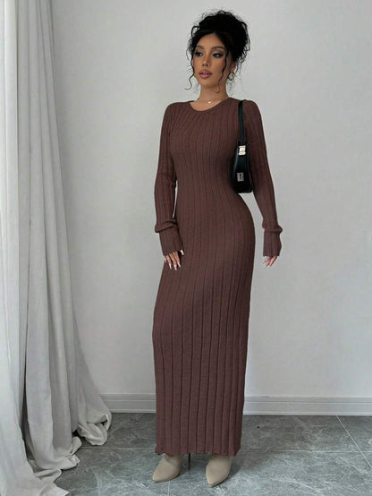 Gdansk Ribbed Knit Crew Neck Bodycon Maxi Sweater Dress