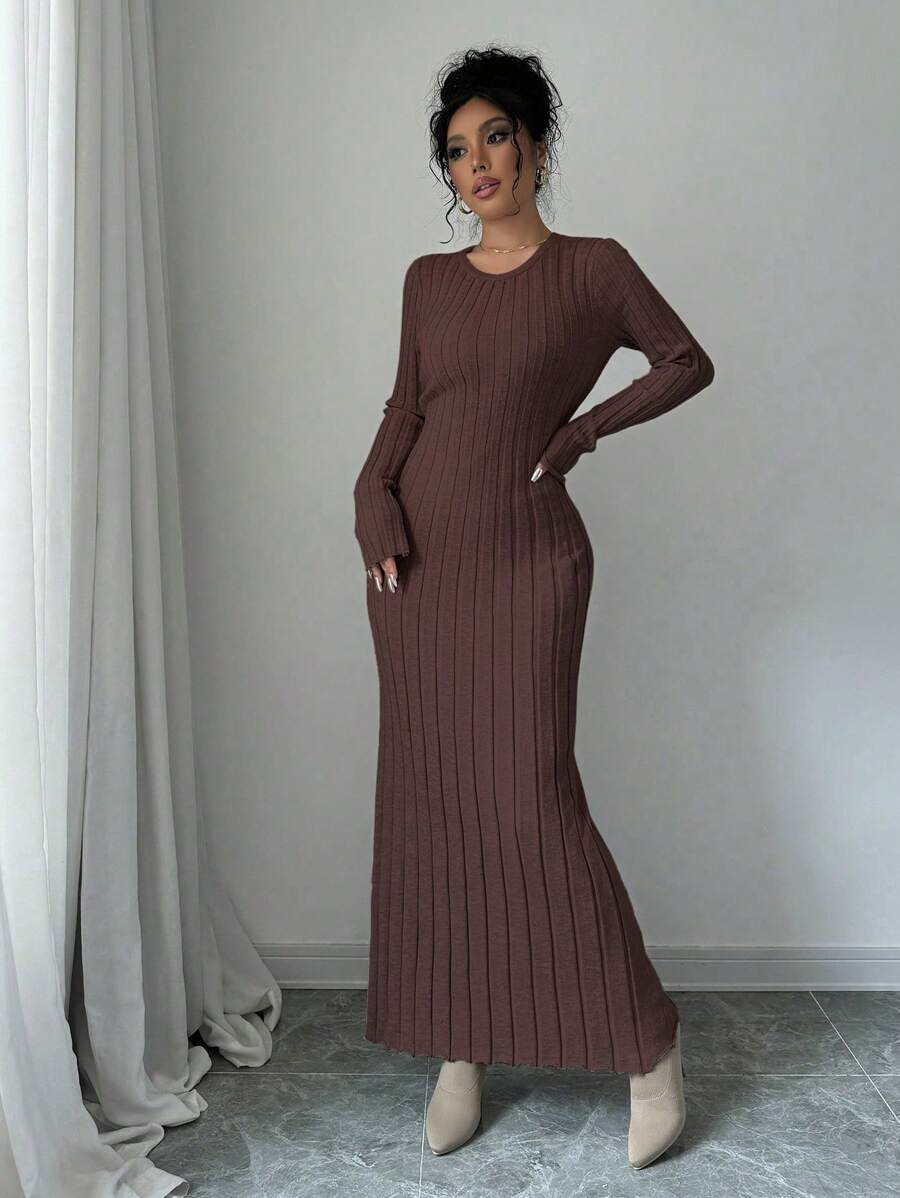 Gdansk Ribbed Knit Crew Neck Bodycon Maxi Sweater Dress