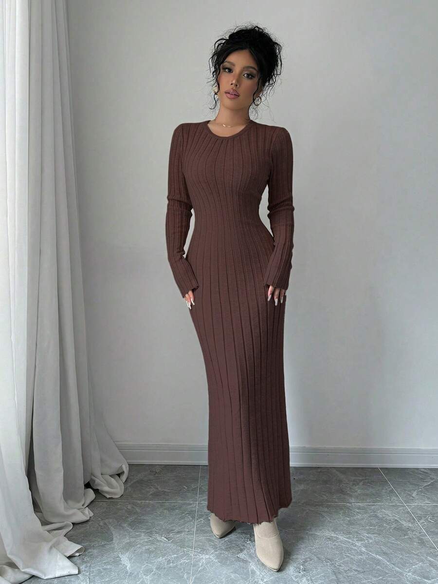 Gdansk Ribbed Knit Crew Neck Bodycon Maxi Sweater Dress