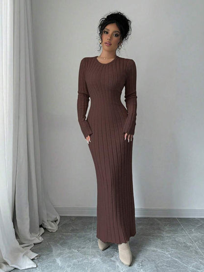Gdansk Ribbed Knit Crew Neck Bodycon Maxi Sweater Dress