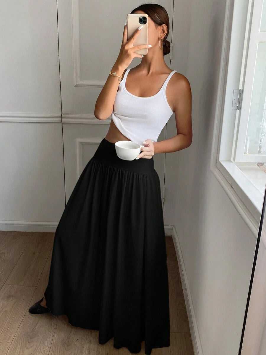 Cressida High Waist Wide Waistband Pleated Maxi Skirt - Black