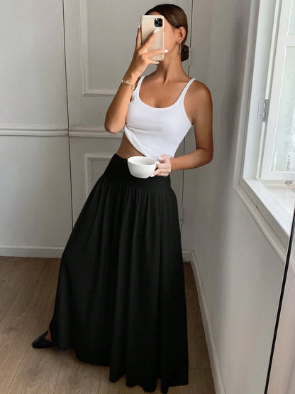 Cressida High Waist Wide Waistband Pleated Maxi Skirt - Black