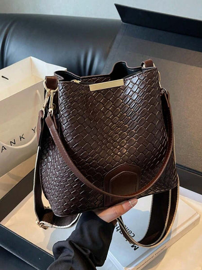 Lausanne Suede Look Bucket Bag with Wide Shoulder Strap - Coffee Brown