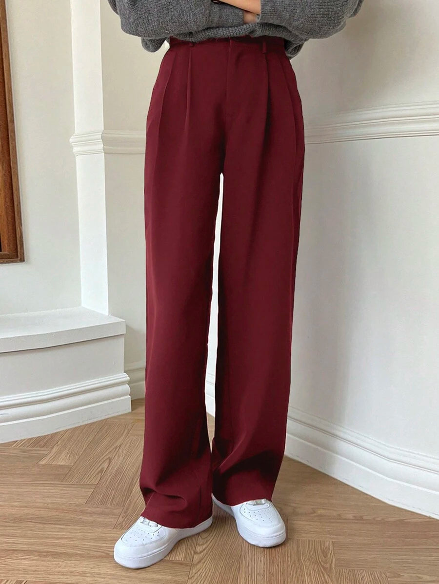 Delft High Waist Pleated Straight Leg Trousers - Burgundy