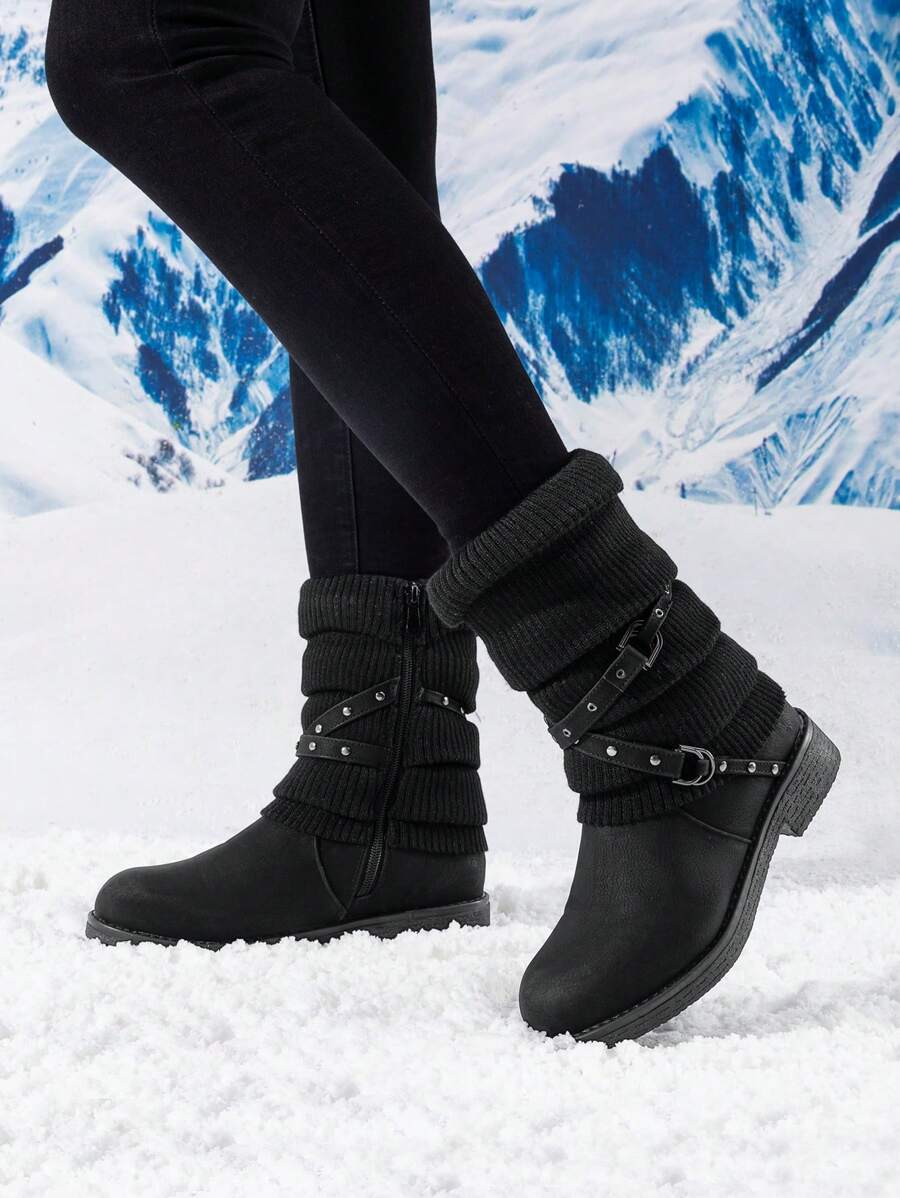 Women's Black Comfortable And Warm Fashion Casual Mid Calf  Faux Furry Outdoor Indoor Commuter Christmas Winter Snow Boots Mensa