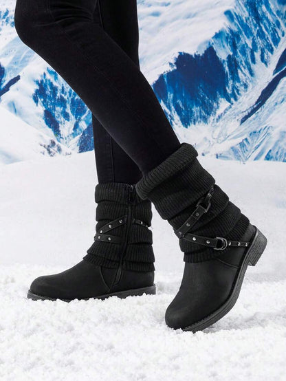 Women's Black Comfortable And Warm Fashion Casual Mid Calf  Faux Furry Outdoor Indoor Commuter Christmas Winter Snow Boots Mensa