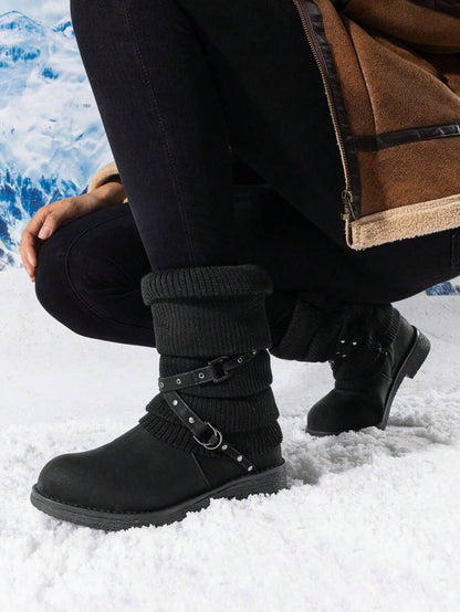 Women's Black Comfortable And Warm Fashion Casual Mid Calf  Faux Furry Outdoor Indoor Commuter Christmas Winter Snow Boots Mensa