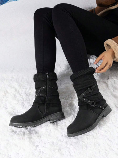 Women's Black Comfortable And Warm Fashion Casual Mid Calf  Faux Furry Outdoor Indoor Commuter Christmas Winter Snow Boots Mensa