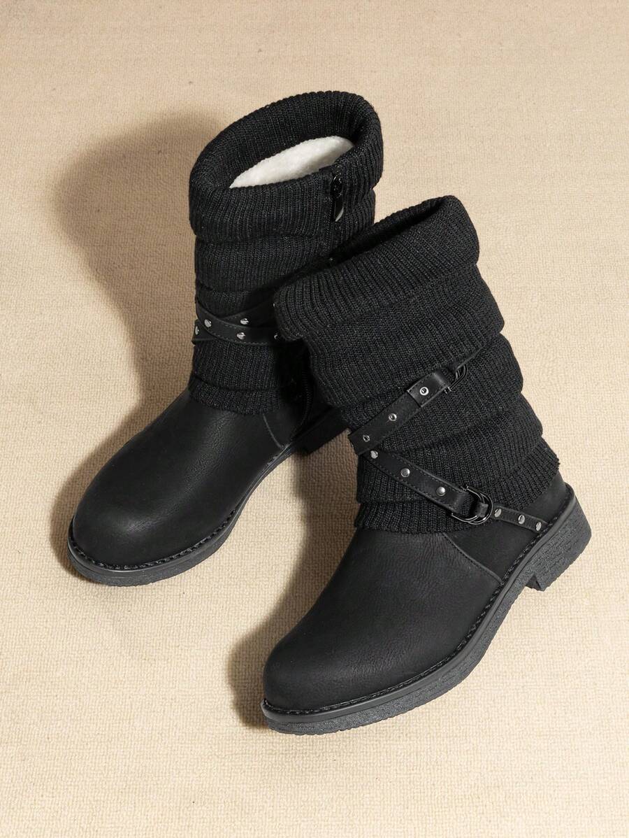 Women's Black Comfortable And Warm Fashion Casual Mid Calf  Faux Furry Outdoor Indoor Commuter Christmas Winter Snow Boots Mensa