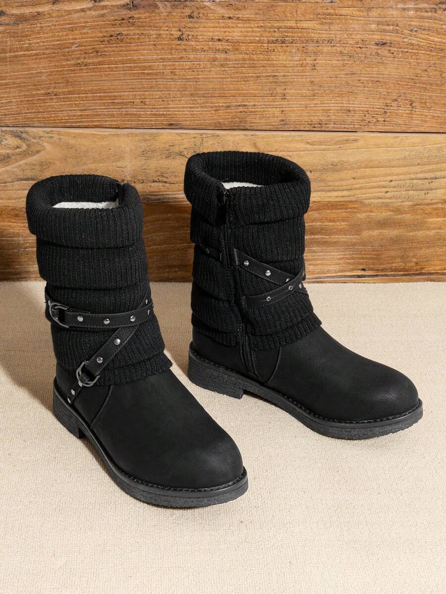 Women's Black Comfortable And Warm Fashion Casual Mid Calf  Faux Furry Outdoor Indoor Commuter Christmas Winter Snow Boots Mensa