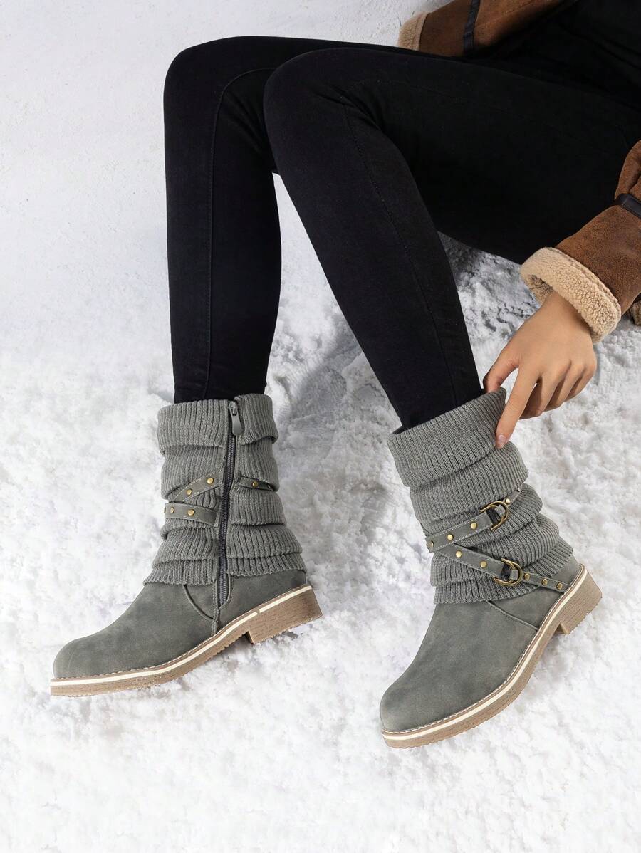 Women's Black Comfortable And Warm Fashion Casual Mid Calf  Faux Furry Outdoor Indoor Commuter Christmas Winter Snow Boots Mensa