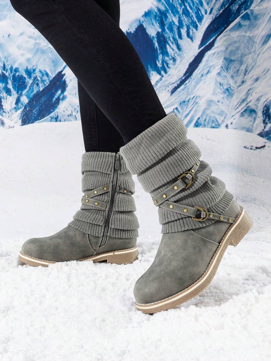 Women's Black Comfortable And Warm Fashion Casual Mid Calf  Faux Furry Outdoor Indoor Commuter Christmas Winter Snow Boots Mensa