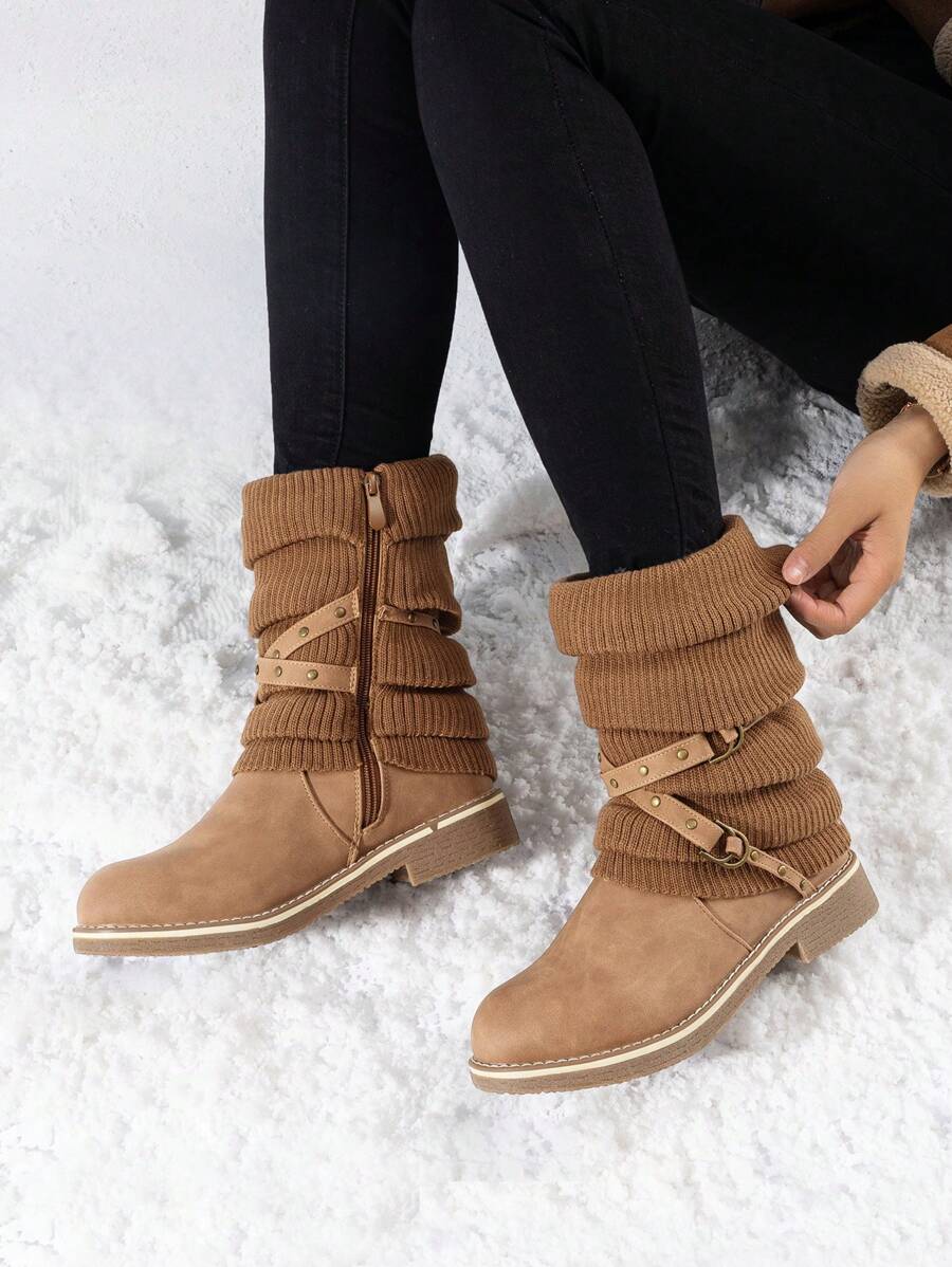 Women's Black Comfortable And Warm Fashion Casual Mid Calf  Faux Furry Outdoor Indoor Commuter Christmas Winter Snow Boots Mensa