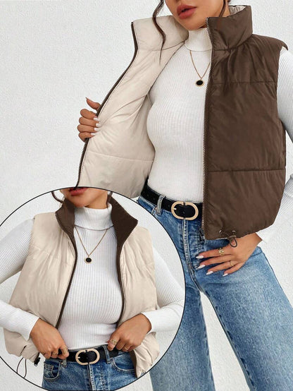 Hallstatt Short Zip Front Puffer Vest with Stand Collar - Brown
