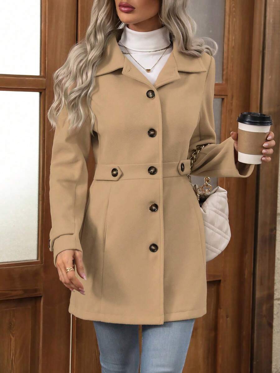 Juliana Single-Breasted Collared Coat with Button Front and Pockets - Camel