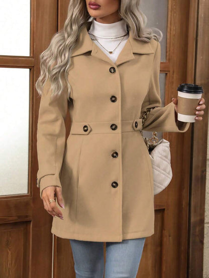 Juliana Single-Breasted Collared Coat with Button Front and Pockets - Camel
