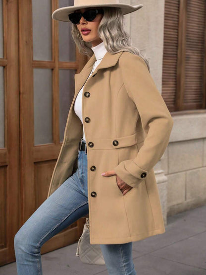 Juliana Single-Breasted Collared Coat with Button Front and Pockets - Khaki