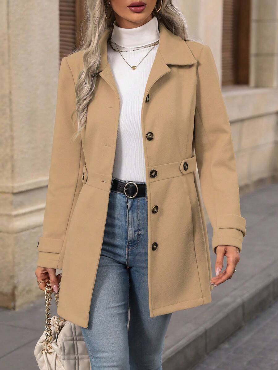 Juliana Single-Breasted Collared Coat with Button Front and Pockets - Brown