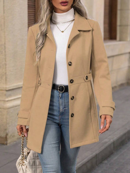 Juliana Single-Breasted Collared Coat with Button Front and Pockets - Brown