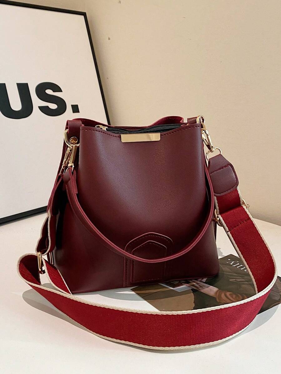 Lausanne Suede Look Bucket Bag with Wide Shoulder Strap - Burgundy