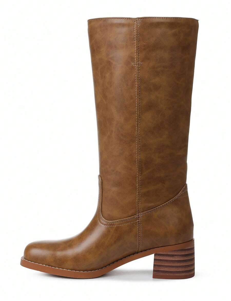 Knee High Boots For Woman Square Toe Fall Wide Calf Pull On Chunky Block Heeled Boots Riding Boots Autumn Casual Comfortable Block Heels For Women Mensa