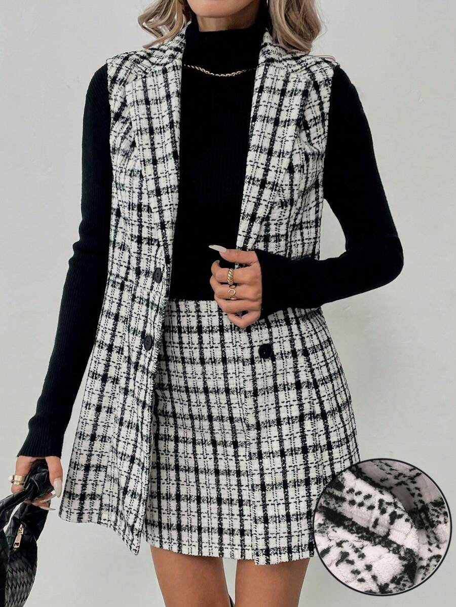 Sadie Two Piece Set Sleeveless Blazer Vest and Mini Skirt - Black White Plaid