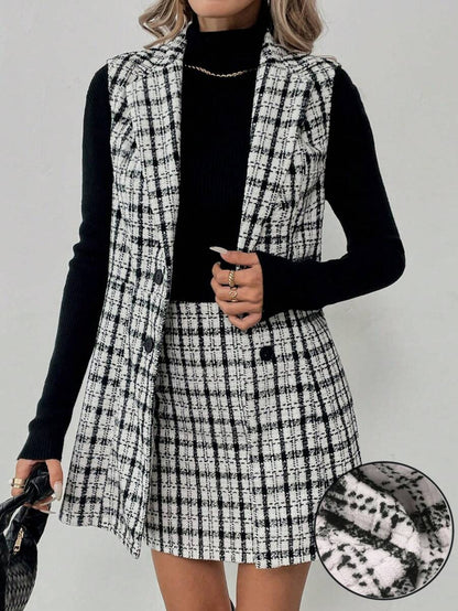 Sadie Two Piece Set Sleeveless Blazer Vest and Mini Skirt - Black White Plaid