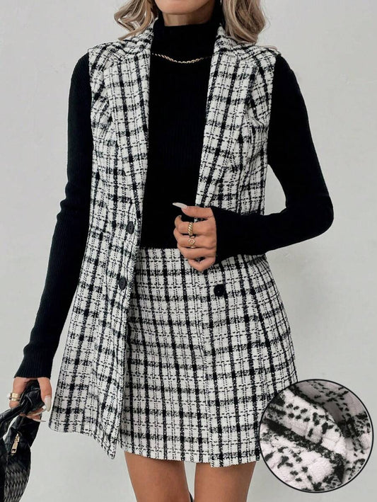 Sadie Two Piece Set Sleeveless Blazer Vest and Mini Skirt - Black White Plaid