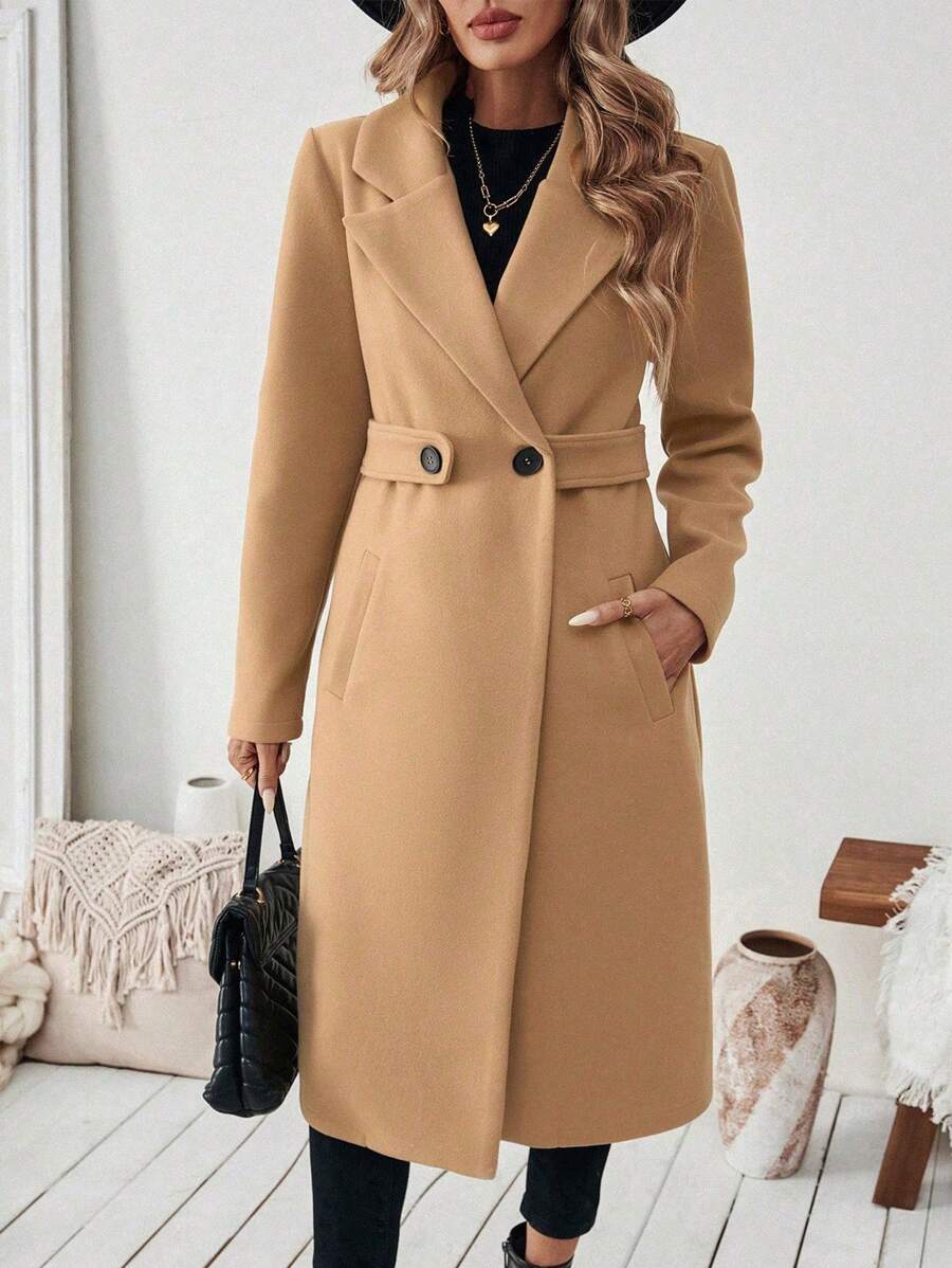Leocadia Notched Lapel Double-Breasted Tailored Overcoat - Burgundy