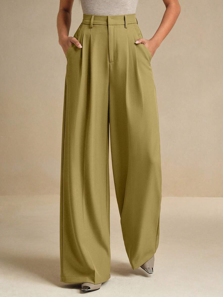 Women's Pleated Wide Leg Dress Trousers, Stretch Tailored Pants for Work Office - Mustard Yellow