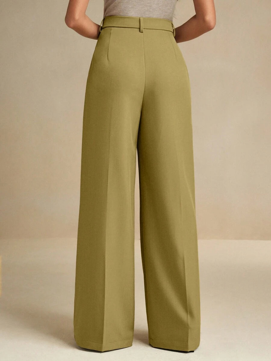 Women's Pleated Wide Leg Dress Trousers, Stretch Tailored Pants for Work Office - Apricot