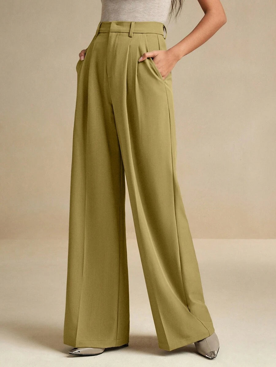 Women's Pleated Wide Leg Dress Trousers, Stretch Tailored Pants for Work Office - Black