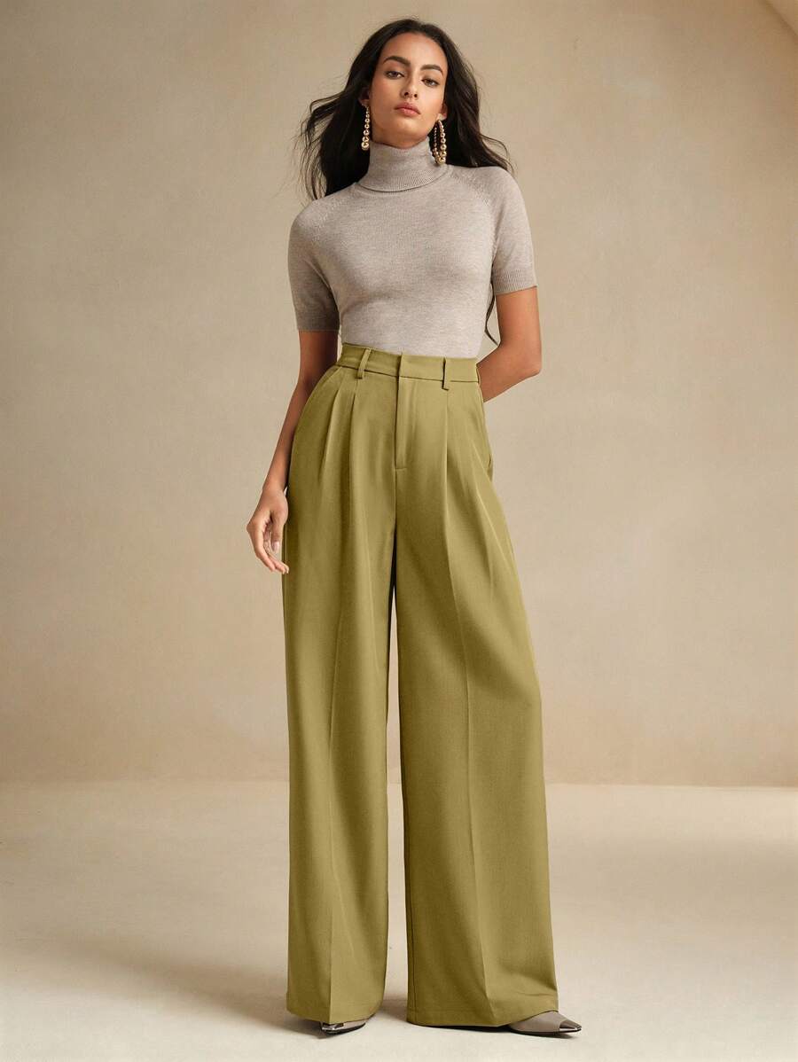 Women's Pleated Wide Leg Dress Trousers, Stretch Tailored Pants for Work Office - Grey