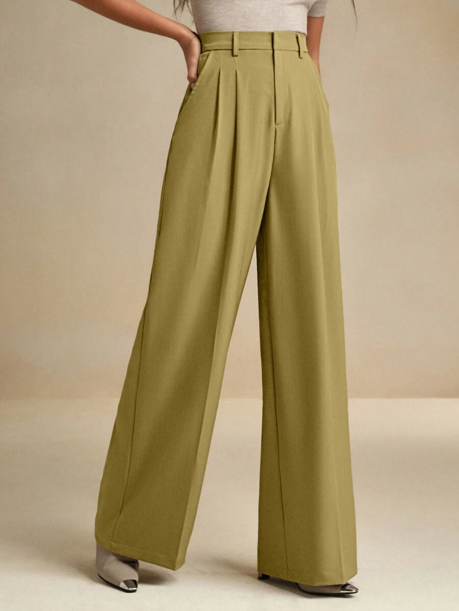 Women's Pleated Wide Leg Dress Trousers, Stretch Tailored Pants for Work Office - Khaki