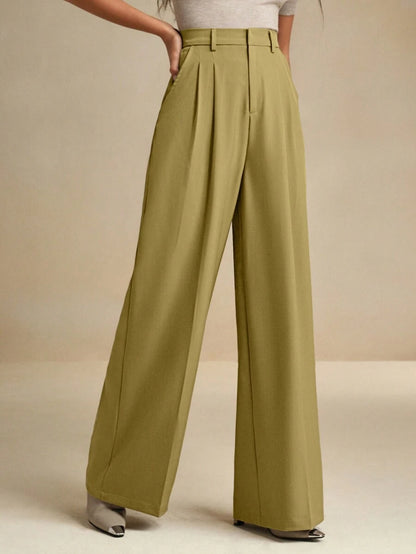 Women's Pleated Wide Leg Dress Trousers, Stretch Tailored Pants for Work Office - Khaki