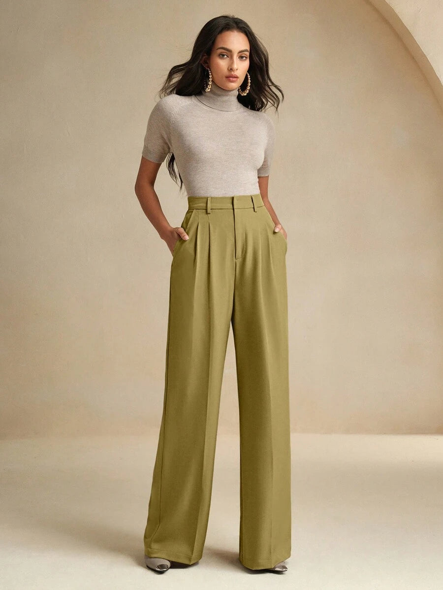Women's Pleated Wide Leg Dress Trousers, Stretch Tailored Pants for Work Office - Orange