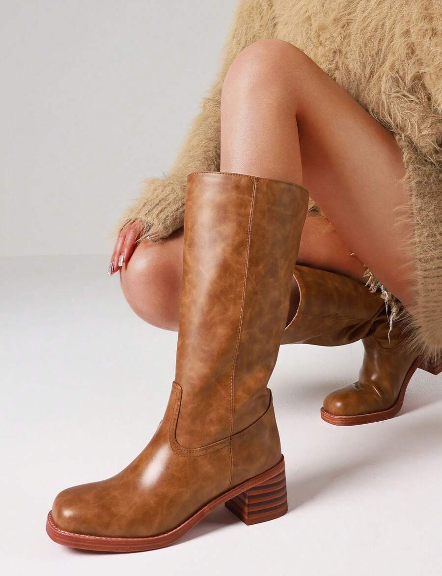Knee High Boots For Woman Square Toe Fall Wide Calf Pull On Chunky Block Heeled Boots Riding Boots Autumn Casual Comfortable Block Heels For Women Mensa