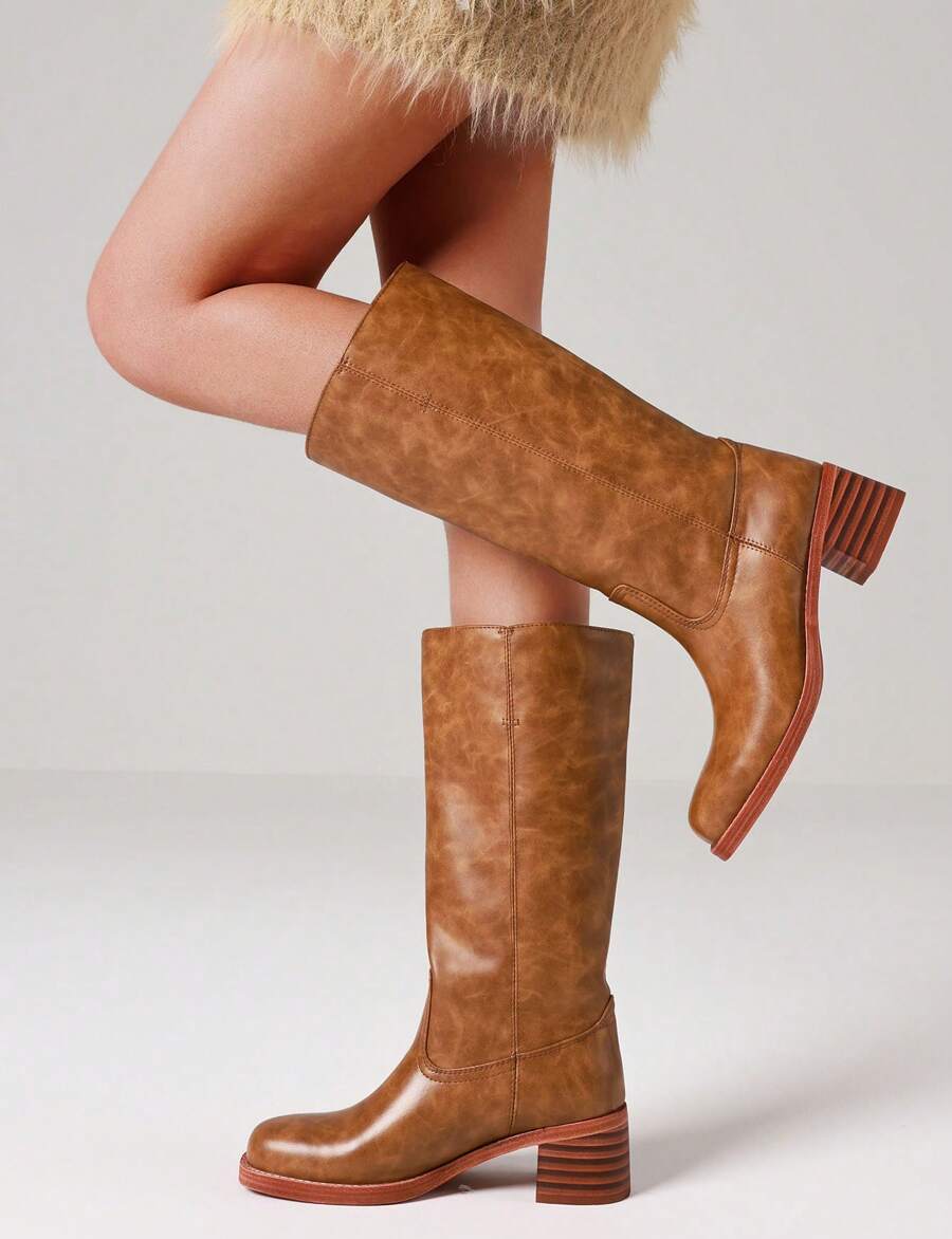 Knee High Boots For Woman Square Toe Fall Wide Calf Pull On Chunky Block Heeled Boots Riding Boots Autumn Casual Comfortable Block Heels For Women Mensa