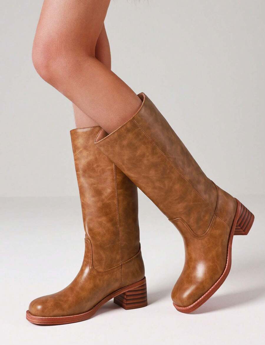 Knee High Boots For Woman Square Toe Fall Wide Calf Pull On Chunky Block Heeled Boots Riding Boots Autumn Casual Comfortable Block Heels For Women Mensa