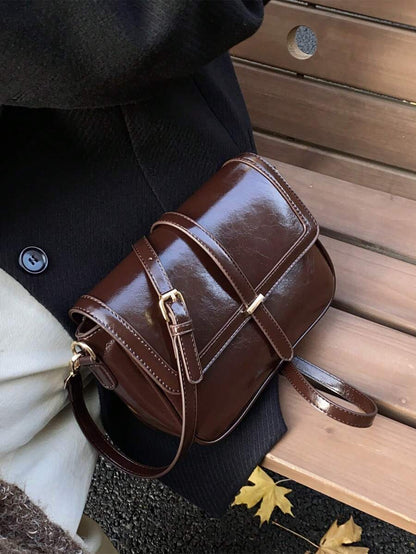 Kilkenny Vintage Flap Crossbody Bag with Buckle Strap - Coffee Brown