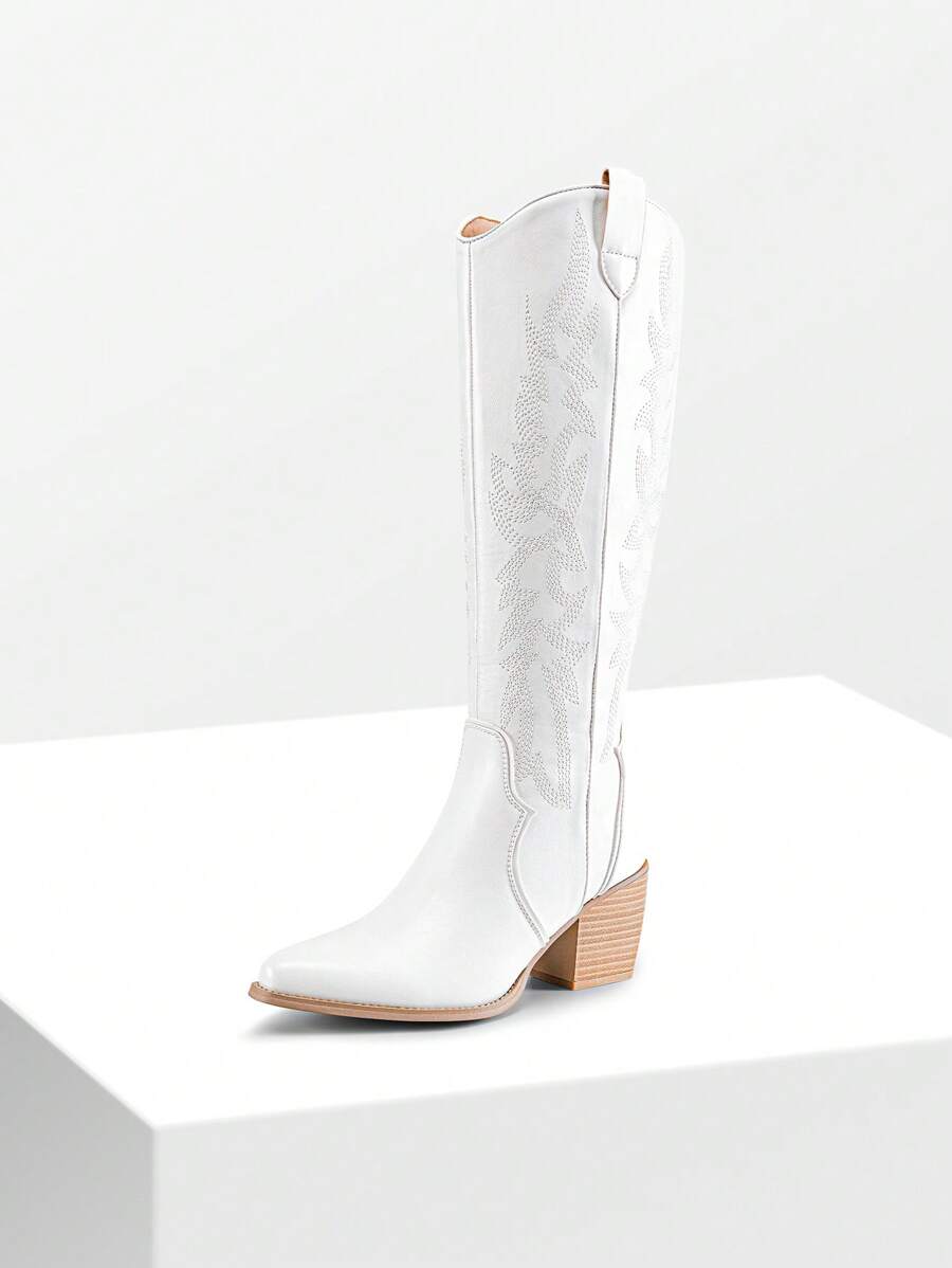 Dream Pairs Women's Embroidered Western Cowgirl Cowboy Boots Pull On Zipper Chunky Heel Pointed Toe Party Knee High Boots Mensa