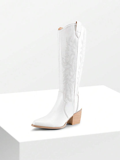 Dream Pairs Women's Embroidered Western Cowgirl Cowboy Boots Pull On Zipper Chunky Heel Pointed Toe Party Knee High Boots Mensa