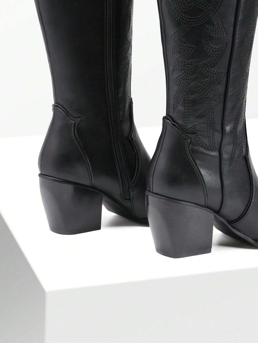 Dream Pairs Women's Embroidered Western Cowgirl Cowboy Boots Pull On Zipper Chunky Heel Pointed Toe Party Knee High Boots Mensa
