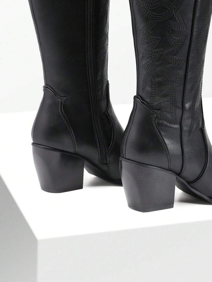 Dream Pairs Women's Embroidered Western Cowgirl Cowboy Boots Pull On Zipper Chunky Heel Pointed Toe Party Knee High Boots Mensa