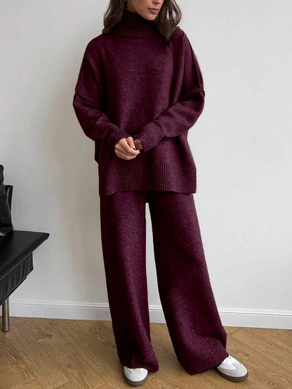 Anneliese High Neck Oversized Sweater and Wide Leg Knit Pants Set - Burgundy