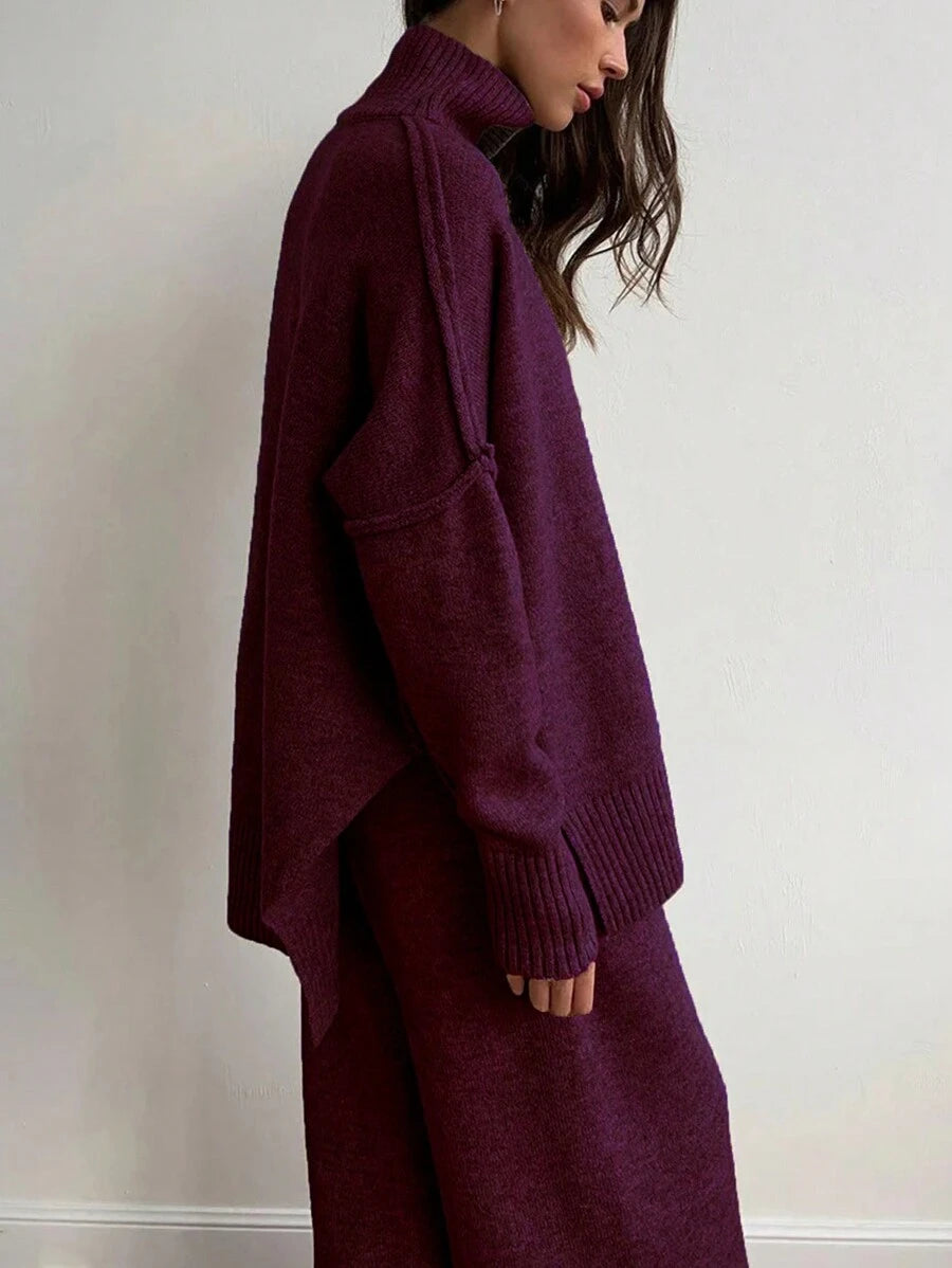 Anneliese High Neck Oversized Sweater and Wide Leg Knit Pants Set - Burgundy